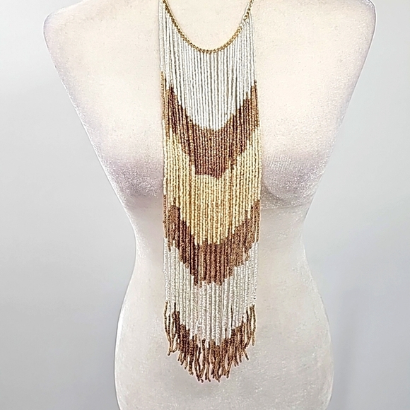 Long Ethnic Beaded Boho Statement Necklace White & Gold - Picture 1 of 10